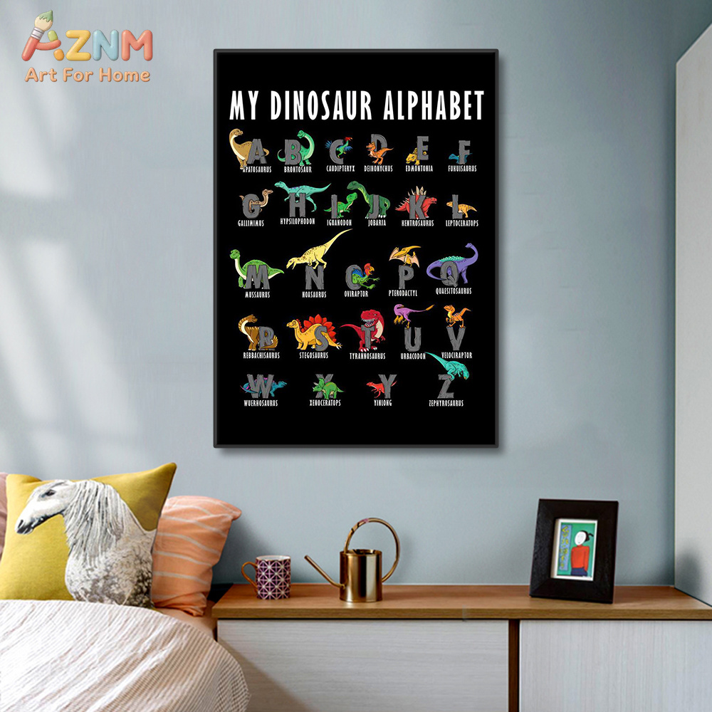 Kids Education Background - AZNM Dinosaurus Alfabet Kanvas Seni Dinding
