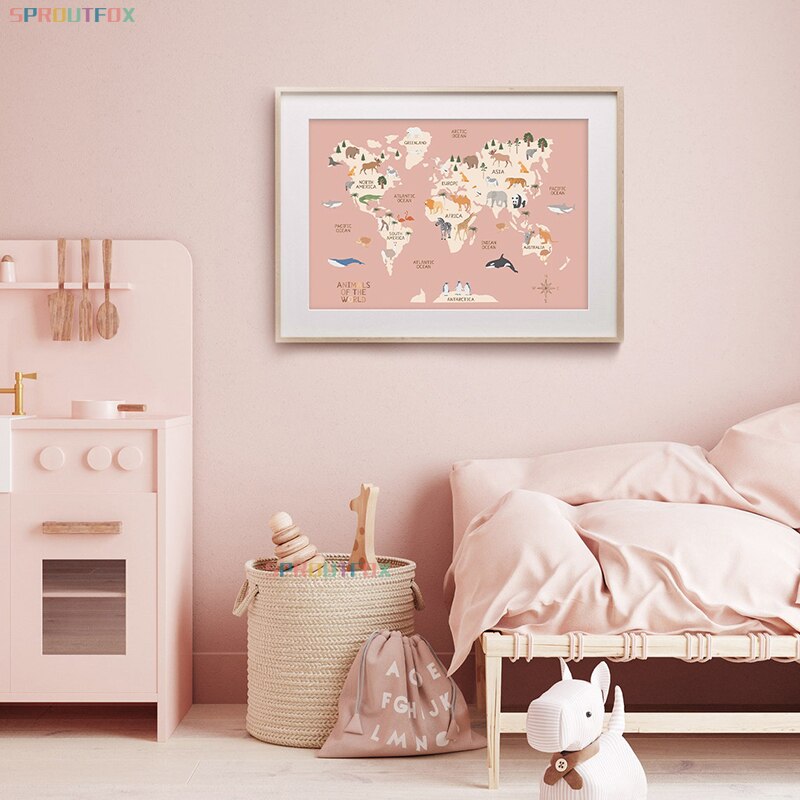 Kids Education Nursery - Seni Dinding Kanvas Peta Dunia Hewan
