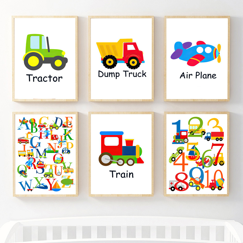 Kids Education Nursery - Lukisan Kanvas Seni Dinding Alfabet Kendaraan